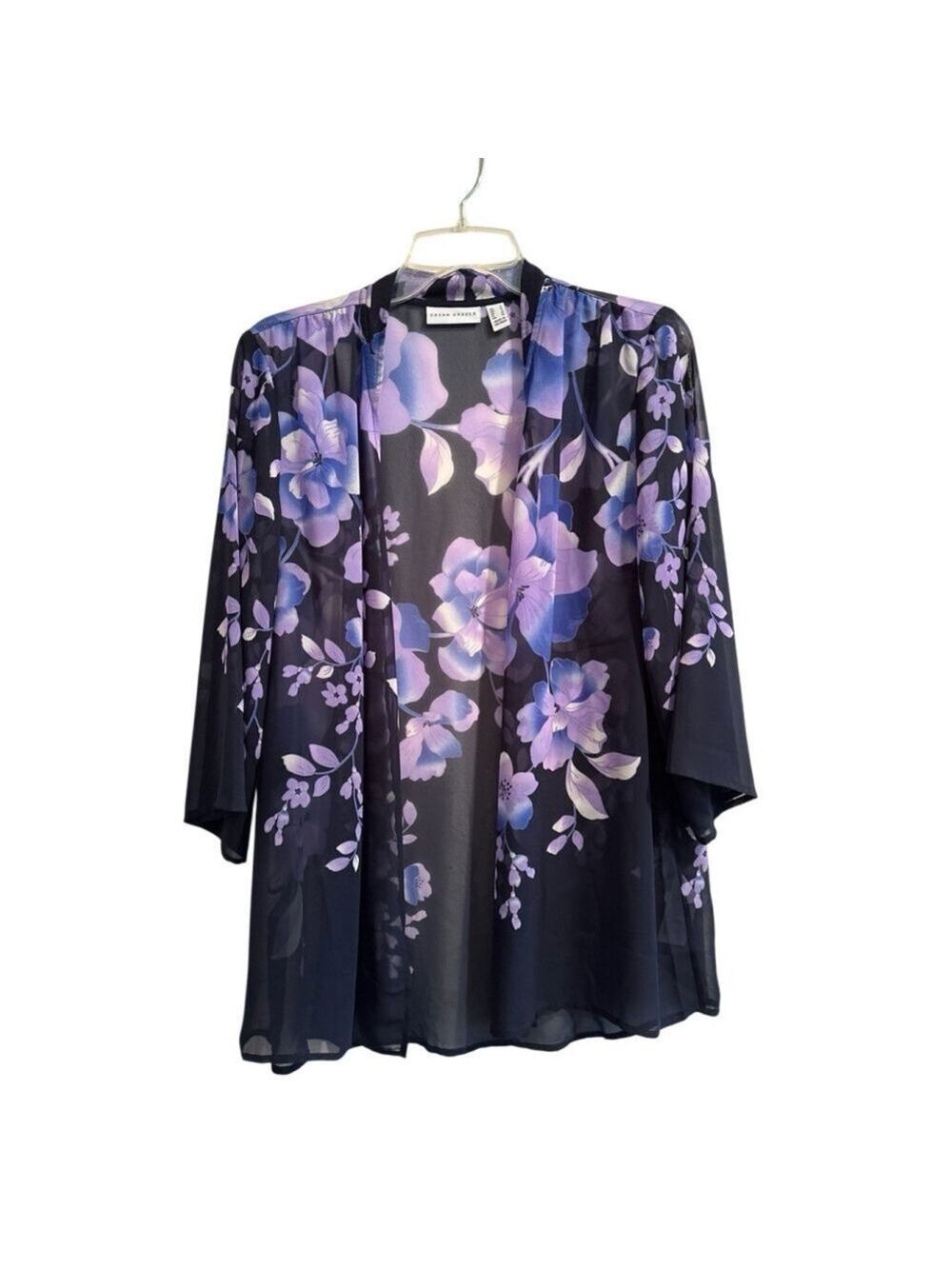 Susan Graver Floral Sheer Open Jacket Womens Small Black Purple 3/4 Sleeves